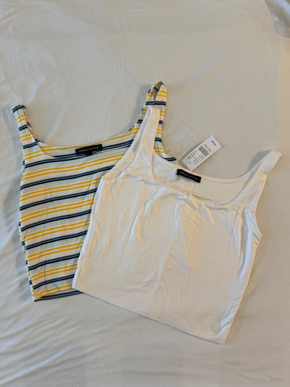 Kendall & Kylie White Crop Tank + Yellow & Navy Striped Crop Tank Duo